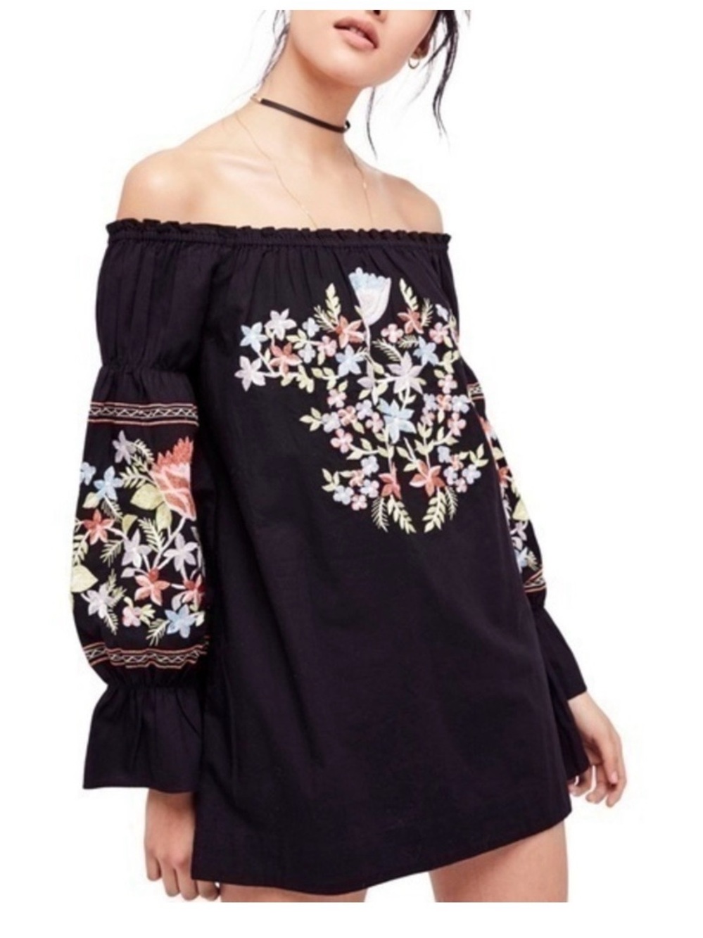 Free People Black Off-Shoulder Mini Dress with Pastel Floral Embroidery